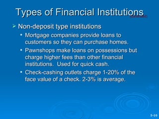 Types of Financial Institutions ,[object Object],[object Object],[object Object],[object Object],(continued) 5-10 