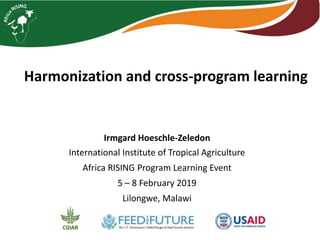Harmonization and cross-program learning
Irmgard Hoeschle-Zeledon
International Institute of Tropical Agriculture
Africa RISING Program Learning Event
5 – 8 February 2019
Lilongwe, Malawi
 