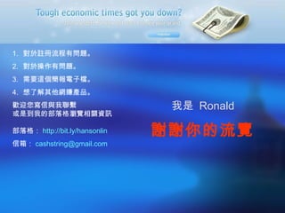 對於註冊流程有問題。 對於操作有問題。 需要這個簡報電子檔。 想了解其他網賺產品。 歡迎您寫信與我聯繫 或是到我的部落格瀏覽相關資訊 部落格： http:// bit.ly/hansonlin 信箱： [email_address] 謝謝你的流覽 我是  Ronald 