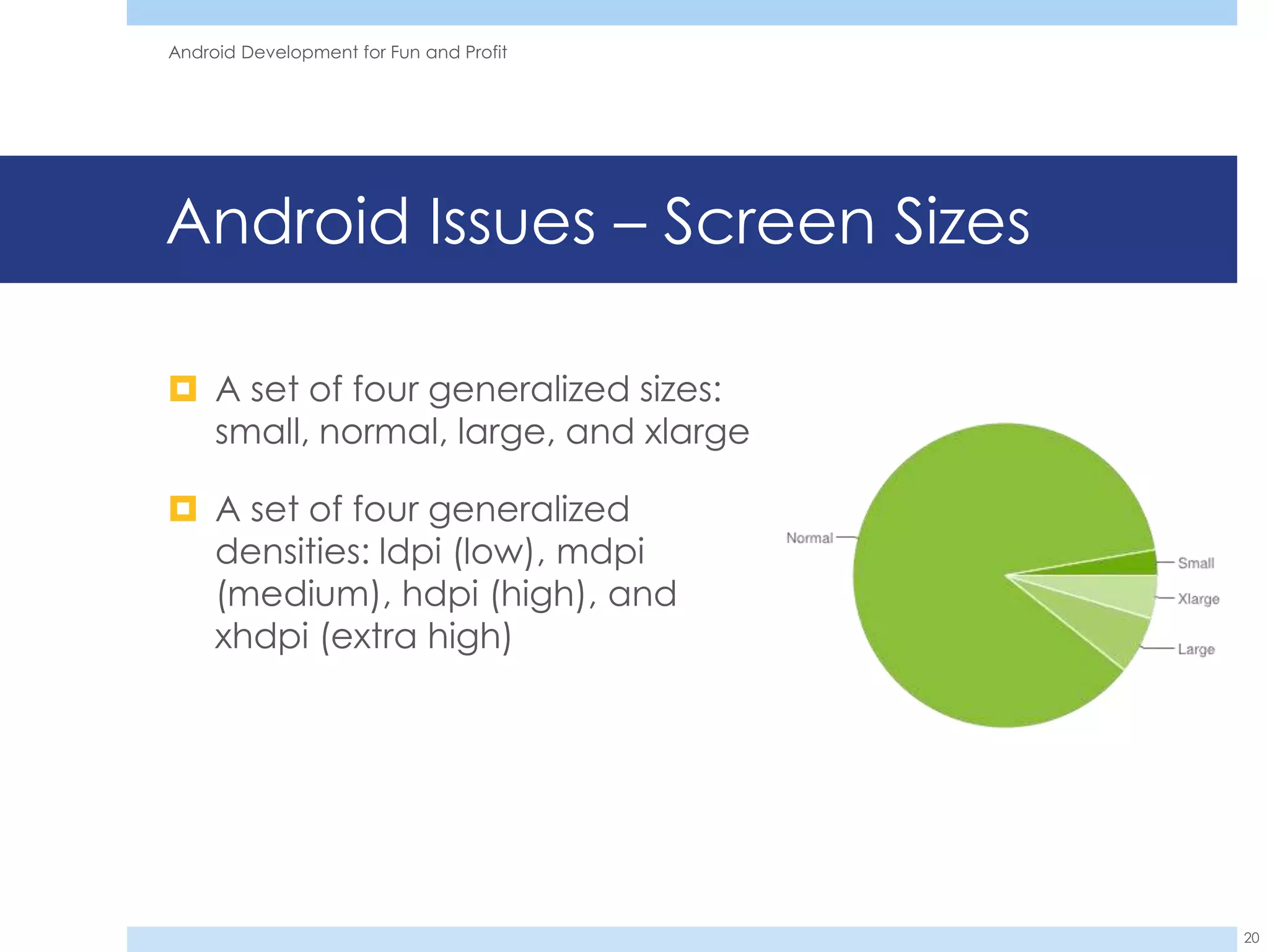 Android Development for Fun and Profit




Android Issues – Screen Sizes

 A set of four generalized sizes:
  small, normal, large, and xlarge

 A set of four generalized
  densities: ldpi (low), mdpi
  (medium), hdpi (high), and
  xhdpi (extra high)




                                         20
 
