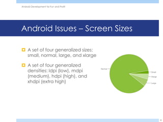 Android Development for Fun and Profit




Android Issues – Screen Sizes

 A set of four generalized sizes:
  small, normal, large, and xlarge

 A set of four generalized
  densities: ldpi (low), mdpi
  (medium), hdpi (high), and
  xhdpi (extra high)




                                         20
 
