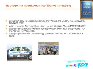Με στόχο την προσέλκυση του Έλληνα επισκέπτη Συμμετοχή στην 1η Έκθεση Τουρισμού, στην Αθήνα, στο ΜΕΤΡΟ του Συντάγματος [ΙΟΥΝΙΟΣ 2009] Διοργάνωση του 1ου Forum ξενοδόχων Κω με πράκτορες Αθήνας [ΑΠΡΙΛΙΟΣ 2009] Διαφήμιση σε μεταλλικά πλαίσια στις αποβάθρες σε όλους τους σταθμούς ΜΕΤΡΟ της Αθήνας. [ΙΟΥΝΙΟΣ 2009] Διαφήμιση στα ταξί της Θεσσαλονίκης. [ΙΟΥΝΙΟΣ-ΙΟΥΛΙΟΣ-ΑΥΓΟΥΣΤΟΣ 2008 & 2009] 