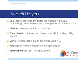 Java Essentials for Android




   Android Layers
 Linux kernel provides drivers for the Android hardware,
  networking, file system access & inter-process-communication

 Libraries are mostly written in C or C++

 Core Libraries are the core development kit including utility,
  i.o. etc

 Dalvik Virtual Machine is an optimized Java VM

 Application Framework is the API to developers

 Applications are user facing programs


                                                                   29
 