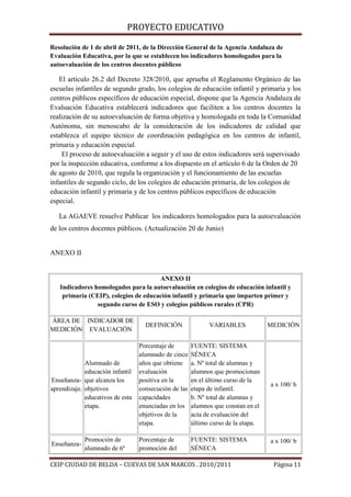 PROYECTO EDUCATIVO
Resolución de 1 de abril de 2011, de la Dirección General de la Agencia Andaluza de
Evaluación Educativ...