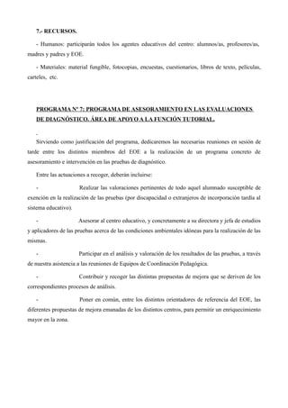7.- RECURSOS.
- Humanos: participarán todos los agentes educativos del centro: alumnos/as, profesores/as,
madres y padres y EOE.
- Materiales: material fungible, fotocopias, encuestas, cuestionarios, libros de texto, películas,
carteles, etc.

PROGRAMA Nº 7: PROGRAMA DE ASESORAMIENTO EN LAS EVALUACIONES
DE DIAGNÓSTICO. ÁREA DE APOYO A LA FUNCIÓN TUTORIAL.

Sirviendo como justificación del programa, dedicaremos las necesarias reuniones en sesión de
tarde entre los distintos miembros del EOE a la realización de un programa concreto de
asesoramiento e intervención en las pruebas de diagnóstico.
Entre las actuaciones a recoger, deberán incluirse:
-

Realizar las valoraciones pertinentes de todo aquel alumnado susceptible de

exención en la realización de las pruebas (por discapacidad o extranjeros de incorporación tardía al
sistema educativo).
-

Asesorar al centro educativo, y concretamente a su directora y jefa de estudios

y aplicadores de las pruebas acerca de las condiciones ambientales idóneas para la realización de las
mismas.
-

Participar en el análisis y valoración de los resultados de las pruebas, a través

de nuestra asistencia a las reuniones de Equipos de Coordinación Pedagógica.
-

Contribuir y recoger las distintas propuestas de mejora que se deriven de los

correspondientes procesos de análisis.
-

Poner en común, entre los distintos orientadores de referencia del EOE, las

diferentes propuestas de mejora emanadas de los distintos centros, para permitir un enriquecimiento
mayor en la zona.

 