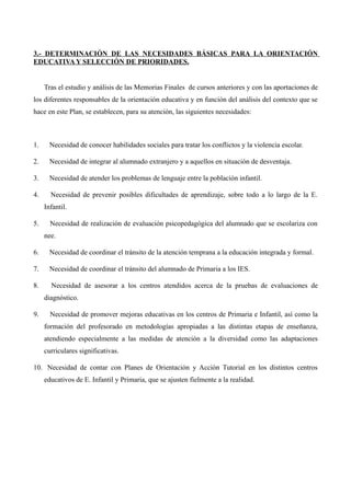 3.- DETERMINACIÓN DE LAS NECESIDADES BÁSICAS PARA LA ORIENTACIÓN
EDUCATIVA Y SELECCIÓN DE PRIORIDADES.

Tras el estudio y análisis de las Memorias Finales de cursos anteriores y con las aportaciones de
los diferentes responsables de la orientación educativa y en función del análisis del contexto que se
hace en este Plan, se establecen, para su atención, las siguientes necesidades:

1.

Necesidad de conocer habilidades sociales para tratar los conflictos y la violencia escolar.

2.

Necesidad de integrar al alumnado extranjero y a aquellos en situación de desventaja.

3.

Necesidad de atender los problemas de lenguaje entre la población infantil.

4.

Necesidad de prevenir posibles dificultades de aprendizaje, sobre todo a lo largo de la E.
Infantil.

5.

Necesidad de realización de evaluación psicopedagógica del alumnado que se escolariza con
nee.

6.

Necesidad de coordinar el tránsito de la atención temprana a la educación integrada y formal.

7.

Necesidad de coordinar el tránsito del alumnado de Primaria a los IES.

8.

Necesidad de asesorar a los centros atendidos acerca de la pruebas de evaluaciones de
diagnóstico.

9.

Necesidad de promover mejoras educativas en los centros de Primaria e Infantil, así como la
formación del profesorado en metodologías apropiadas a las distintas etapas de enseñanza,
atendiendo especialmente a las medidas de atención a la diversidad como las adaptaciones
curriculares significativas.

10. Necesidad de contar con Planes de Orientación y Acción Tutorial en los distintos centros
educativos de E. Infantil y Primaria, que se ajusten fielmente a la realidad.

 