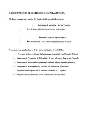 5.- PROGRAMACIÓN DE CONTENIDOS Y TEMPORALIZACIÓN.
5.1. Programas de intervención del Equipo de Orientación Educativa.
1.

Ámbito de Orientación y Acción Tutorial:

Área de apoyo a la función tutorial del profesorado.

Ámbito de atención a la diversidad.
1.

Área de atención a las necesidades educativas especiales.

Programas enmarcados dentro de las tareas habituales de los E.O.E.s:
1.-

Programa de Prevención de Dificultades de Aprendizaje en Educación Infantil.

2.-

Programa de Prevención de Dificultades de Aprendizaje en Educación Primaria.

3.-

Programa de Asesoramiento para realización de Adaptaciones Curriculares.

4.-

Programa de Asesoramiento y Tránsito a la Educación Secundaria.

5.- Programa de incorporación de alumnos con nee a la E. Infantil. .
6.- Programa de asesoramiento en las evaluaciones de diagnóstico.

 