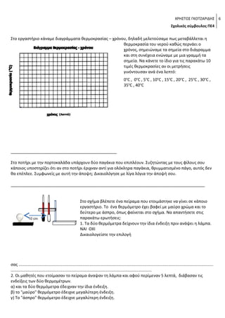ΧΡΗΣΤΟΣ ΓΚΟΤΖΑΡΙΔΗΣ 6
Σχολικός σύμβουλος ΠΕ4

Στο εργαστήριο κάναμε διαγράμματα θερμοκρασίας – χρόνου, δηλαδή μελετούσαμε πως μεταβάλλεται η
θερμοκρασία του νερού καθώς περνάει ο
χρόνος, σημειώναμε τα σημεία στο διάγραμμα
και στη συνέχεια ενώναμε με μια γραμμή τα
σημεία. Να κάνετε το ίδιο για τις παρακάτω 10
τιμές θερμοκρασίες αν οι μετρήσεις
γινόντουσαν ανά ένα λεπτό:
0οC , 0oC , 5oC , 10oC , 15oC , 20oC , 25oC , 30oC ,
35oC , 40oC

_______________________________________________
Στο ποτήρι με την πορτοκαλάδα υπάρχουν δύο παγάκια που επιπλέουν. Συζητώντας με τους φίλους σου
κάποιος υποστηρίζει ότι αν στο ποτήρι έριχναν αντί για ολόκληρα παγάκια, θρυμματισμένο πάγο, αυτός δεν
θα επέπλεε. Συμφωνείς με αυτή την άποψη; Δικαιολόγησε με λίγα λόγια την άποψή σου.
______________________________________________________________________________________

10 cm

Στο σχήμα βλέπετε ένα πείραμα που ετοιμάστηκε να γίνει σε κάποιο
εργαστήριο. Το ένα θερμόμετρο έχει βαφεί με μαύρο χρώμα και το
δεύτερο με άσπρο, όπως φαίνεται στο σχήμα. Να απαντήσετε στις
παρακάτω ερωτήσεις:
1. Τα δύο θερμόμετρα δείχνουν την ίδια ένδειξη πριν ανάψει η λάμπα.
ΝΑΙ ΟΧΙ
Δικαιολογείστε την επιλογή

σας ..........................................................................................................................................................................
...........................................................................................................................
2. Οι μαθητές που ετοίμασαν το πείραμα άναψαν τη λάμπα και αφού περίμεναν 5 λεπτά, διάβασαν τις
ενδείξεις των δύο θερμομέτρων.
α) και τα δύο θερμόμετρα έδειχναν την ίδια ένδειξη.
β) το "μαύρο" θερμόμετρο έδειχνε μεγαλύτερη ένδειξη.
γ) Το "άσπρο" θερμόμετρο έδειχνε μεγαλύτερη ένδειξη.

 