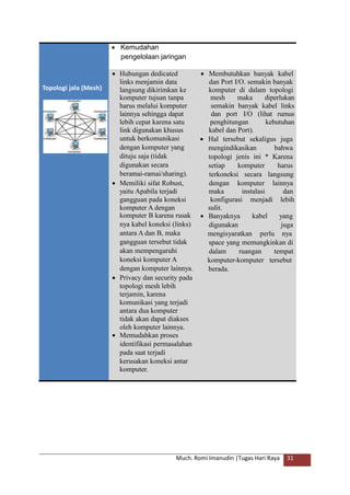 langsung dikirimkan ke komputer di dalam topologi
Much. Romi Imanudin |Tugas Hari Raya 31
Topologi jala (Mesh)
 Kemudahan
pengelolaan jaringan
 Hubungan dedicated  Membutuhkan banyak kabel
links menjamin data dan Port I/O. semakin banyak
komputer tujuan tanpa mesh maka diperlukan
harus melalui komputer semakin banyak kabel links
lainnya sehingga dapat dan port I/O (lihat rumus
lebih cepat karena satu penghitungan kebutuhan
link digunakan khusus kabel dan Port).
untuk berkomunikasi  Hal tersebut sekaligus juga
dengan komputer yang mengindikasikan bahwa
dituju saja (tidak topologi jenis ini * Karena
digunakan secara setiap komputer harus
beramai-ramai/sharing). terkoneksi secara langsung
 Memiliki sifat Robust, dengan komputer lainnya
yaitu Apabila terjadi maka instalasi dan
gangguan pada koneksi konfigurasi menjadi lebih
komputer A dengan sulit.
komputer B karena rusak  Banyaknya kabel yang
nya kabel koneksi (links) digunakan juga
antara A dan B, maka mengisyaratkan perlu nya
gangguan tersebut tidak space yang memungkinkan di
akan mempengaruhi dalam ruangan tempat
koneksi komputer A komputer-komputer tersebut
dengan komputer lainnya. berada.
 Privacy dan security pada
topologi mesh lebih
terjamin, karena
komunikasi yang terjadi
antara dua komputer
tidak akan dapat diakses
oleh komputer lainnya.
 Memudahkan proses
identifikasi permasalahan
pada saat terjadi
kerusakan koneksi antar
komputer.
 