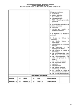 Centro Estadual de Educação Tecnológica Paula Souza
Governo do Estado de São Paulo
Praça Cel. Fernando Prestes, 74 – Bom Retiro – CEP: 01124-060 – São Paulo – SP
36
3. Regimes tributários:
Lucro Real;
Lucro Presumido;
Lucro Arbitrado;
Simples Nacional;
MEI – Micro Empreendedor
Individual
4. Técnicas para elaboração de
contratos comerciais:
cláusulas;
normas que regulam os
contratos comercial
5. A evolução da legislação
ambiental
6. Código de Defesa do
Consumido:
dos direitos básicos do
consumidor;
da qualidade de produtos e
serviços;
da prevenção e da
reparação dos danos;
da proteção à saúde e
segurança;
da responsabilidade pelo
fato do produto e do serviço;
da responsabilidade por
vício do produto e do
serviço;
das práticas comerciais;
das disposições gerais;
da oferta;
da publicidade;
das práticas abusivas;
da cobrança de dívidas;
dos bancos de dados e
cadastros de consumidores;
das sanções administrativas
Carga Horária (Horas-aula)
Teórica 60 Prática 00 Total 60 Horas-aula
Teórica (2,5) 50 Prática (2,5) 00 Total (2,5) 50 Horas-aula
 