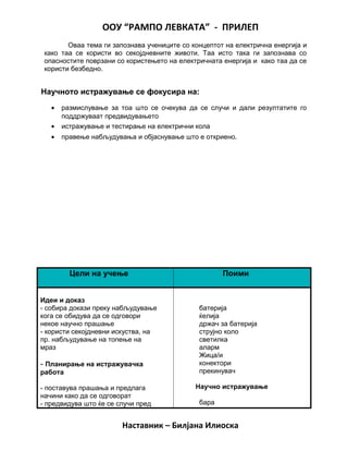 ООУ “РАМПО ЛЕВКАТА” - ПРИЛЕП
Оваа тема ги запознава учениците со концептот на електрична енергија и
како таа се користи во секојдневните животи. Таа исто така ги запознава со
опасностите поврзани со користењето на електричната енергија и како таа да се
користи безбедно.
Научното истражување се фокусира на:
• размислување за тоа што се очекува да се случи и дали резултатите го
поддржуваат предвидувањето
• истражување и тестирање на електрични кола
• правење набљудувања и објаснување што е откриено.
Цели на учење Поими
Идеи и доказ
- собира докази преку набљудување
кога се обидува да се одговори
некое научно прашање
- користи секојдневни искуства, на
пр. набљудување на топење на
мраз
- Планирање на истражувачка
работа
- поставува прашања и предлага
начини како да се одговорат
- предвидува што ќе се случи пред
батерија
ќелија
држач за батерија
струјно коло
светилка
аларм
Жица/и
конектори
прекинувач
Научно истражување
бара
Наставник – Билјана Илиоска
 