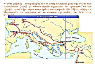  Ένας χωρικός – σταυροφόρος από τη Δύση, συνομιλεί, μετά την πτώση των
Ιεροσολύμων (1099), με κάποιο άραβα αιχμάλωτο και προσπαθεί να του
εξηγήσει γιατί πήρε μέρος στην πρώτη σταυροφορία (Να λάβεις υπόψη τις
πληροφορίες της αφήγησης και τα στοιχεία της ομιλίας του πάπα στην
Κλερμόν).
 