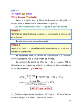 14
ppm = ?
335 mg Na+
soluto
750 ml de agua solución
Como la solución es muy diluida, la densidad es 1.00 g/ml, por
tanto 1 ml de la muestra tiene una masa de un gramo y:
750 ml de la solución diluida = 750 g de la solución diluida
PASO # 2
Identificar de acuerdo al dato solicitado, si es necesario o no despejar
de la fórmula.
En este caso no es necesario despejar .
PASO # 3
Sustituir los datos con sus unidades correspondientes, en la fórmula y
realizar las operaciones.
Es importante antes de sustituir los datos revisar si la unidades
de masa del soluto y de la solución son las mismas.
La cantidad de soluto es 355 mg y de la solución 750 g.
Convertimos los gramos de solución a miligramos, introduciendo un
factor de conversión: 1 g = 1000 mg
473.33 ppm de Na+
2. ¿Cuántos miligramos de ion cloruro (Cl–
) hay en 1.25 litros de una
muestra de agua que tiene 17 ppm de ion cloruro?
 
