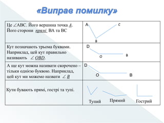 Це АВС. Його вершина точка А.
Його сторони прямі ВА та ВС
А
Кут позначають трьома буквами.
Наприклад, цей кут правильно
називають  ОВD.
D
А ще кут можна називати скорочено –
тільки однією буквою. Наприклад,
цей кут ми можемо назвати  В
D
О В
Кути бувають прямі, гострі та тупі.
В
С
ВO
ГострийТупий Прямий
 