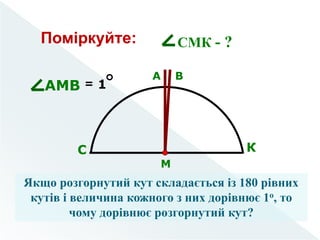 С К
М
А В
АМВ = 1
Якщо розгорнутий кут складається із 180 рівних
кутів і величина кожного з них дорівнює 1о, то
чому дорівнює розгорнутий кут?
Поміркуйте: СМК - ?
 