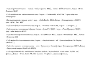 «Үздік өнеркəсіп кəсіпорын» – 1 орын – «Зерде Керамик» ЖШС, 2 орын- «Hill Corporation», 3 орын- «Назар
Текстиль» ЖШС;
«Үздік инновациялық жоба» номинациясында: 2 орын – «Karlskrona LC AB» ЖШС, 3 орын- «Аксанат
Инжениринг»;
«Жылдың үздік индустриалды жоба» 1 орын – «Azala Textile» ЖШС, 2 орын – «Стандарт цемент» ЖШС, 3
орын – «Цвет Лит» ЖШС;
«Үздік экспорттаушы» номинациясында: 1 орын – «Шымкент Май» ЖШС, 2 орын – «Химфарм» АҚ;
«Үздік инвестор» номинациясы бойынша: 1 орын – «Əлем БТ» ЖШС, 2 орын – «Рахат-Шымкент» ЖШС, 3
орын – «Каз Хансоль» ЖШС;
«Үздік жас кəсіпкер» номинациясында: 1 орын – «Bai&R Group» ЖШС, 2 орын – «Мега Смарт» ЖШС, 3 орын –
«Өтегенова» ЖК;
«Үздік жұмыс беруші» номинациясында: 1 орын – «Шымкентцемент» АҚ, 2 орын-«Химфарм» АҚ, 3 орын –
«ВизиТ» АҚ;
«Үздік əйел кəсіпкер» номинациясында: 1 орын – Оспаналиева Рəшкүл («Береке Корпорациясы» ЖШС), 2 орын
– Валиджанова Умида («Kaz Kioti» ЖШС),
«Үздік қаржы институты» номинациясы бойынша: 1 орын – «Қазақстанның Халық банкі» АҚ-ның ОҚО
филиалы, 2 орын – «Qazak Banki» АҚ ОҚО филиалы, «Сбербанк» АҚ еншілес филиалы,
 