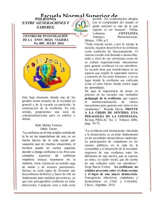 POLIFONÍA
ENTRE GENERACIONES Y
SABERES.
CENTRO DE INVESTIGACIÓN
DE LA ENSV. HOJA VIAJERA
No. 009. JULIO 2016
Esta hoja iti...