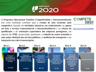 O Programa Operacional Temático Competitividade e Internacionalização
tem como finalidade contribuir para a criação de uma economia mais
competitiva, baseada em atividades intensivas em conhecimento, na aposta
em bens e serviços transacionáveis e internacionalizáveis e no reforço da
qualificação e da orientação exportadora das empresas portuguesas, em
especial das PME, promovendo, igualmente, a redução de custos associada a
uma maior eficiência dos serviços públicos e à melhoria dos transportes e sua
integração nas redes transeuropeias.
https://youtu.be/GJSnsERbM6E
 