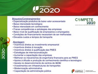 Bloqueios/Constrangimentos:
• Especialização produtiva de baixo valor acrescentado
• Baixa intensidade tecnológica
• Baixa intensidade em conhecimento
• Fracas competências e estrategias das empresas
• Baixo nível de qualificação de empresários e empregados
• Condições de financiamento necessitam de ser melhoradas
• Elevados custos e tempos de transporte
Abordagem:
• Incentivos diretos ao investimento empresarial
• Incentivos diretos à inovação
• Incentivos diretos à qualificação das PMES
• Estratégias de internacionalização
• Aumentar a capacitação das empresas
• Melhorar os mecanismos de engenharia financeira para as PMES
• Apoios à difusão e produção de conhecimento cientifico e tecnologico
• Aposta no desenvolvimento de centros de I&D&I
• Investimentos em infraestruturas de transportes
• Modernização administrativa
• Capacitação da administração pública
 