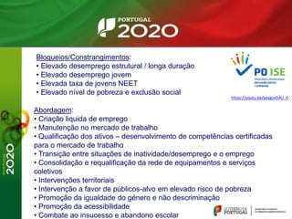 Bloqueios/Constrangimentos:
• Elevado desemprego estrutural / longa duração
• Elevado desemprego jovem
• Elevada taxa de jovens NEET
• Elevado nível de pobreza e exclusão social
Abordagem:
• Criação liquida de emprego
• Manutenção no mercado de trabalho
• Qualificação dos ativos – desenvolvimento de competências certificadas
para o mercado de trabalho
• Transição entre situações de inatividade/desemprego e o emprego
• Consolidação e requalificação da rede de equipamentos e serviços
coletivos
• Intervenções territoriais
• Intervenção a favor de públicos-alvo em elevado risco de pobreza
• Promoção da igualdade do género e não descriminação
• Promoção da acessibilidade
• Combate ao insucesso e abandono escolar
https://youtu.be/ypyguv54U_0
 