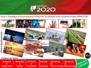 Qual a “Estratégia de Especialização Inteligente” do territorio onde o projecto produz IMPACTOS?
Compras
&
Suply chain
Branding
&
Design
Produção
&
Qualidade
Marketing
&
Comunicação
Comercial
&
Distribuição
Inovação
&
Tecnologia
ParceirosTecnologiaMarca Inovação
Cadeia de Valor
EventosSustentabilidade
Conceito GLOCAL
FileiraMultisetorial
Inovação
&
Tecnologia
 