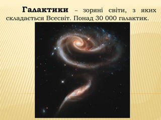 Галактики – зоряні світи, з яких
складається Всесвіт. Понад 30 000 галактик.
 