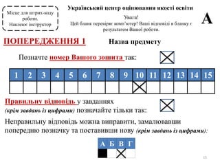 15
Місце для штрих-коду
роботи.
Наклеює інструктор
Український центр оцінювання якості освіти
Увага!
Цей бланк перевіряє комп’ютер! Ваші відповіді в бланку є
результатом Вашої роботи.
А
Назва предмету
Позначте номер Вашого зошита так:
1 2 3 4 5 6 7 8 9 10 11 12 13 14 15
Правильну відповідь у завданнях
(крім завдань із цифрами) позначайте тільки так:
Неправильну відповідь можна виправити, замалювавши
попередню позначку та поставивши нову (крім завдань із цифрами):
А Б В Г
ПОПЕРЕДЖЕННЯ 1
 