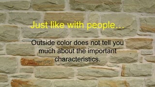 Just like with people…
Outside color does not tell you
much about the important
characteristics.
 