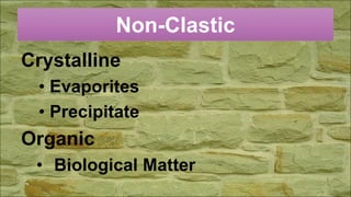 Non-Clastic
Crystalline
• Evaporites
• Precipitate
Organic
• Biological Matter
 