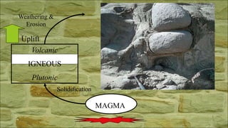 MAGMA
Volcanic
IGNEOUS
Plutonic
Uplift
Solidification
Weathering &
Erosion
 