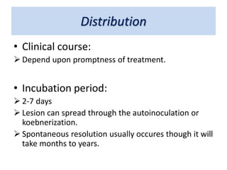 Distribution
• Clinical course:
 Depend upon promptness of treatment.
• Incubation period:
 2-7 days
 Lesion can spread through the autoinoculation or
koebnerization.
 Spontaneous resolution usually occures though it will
take months to years.
 