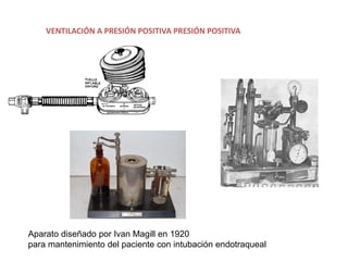 VENTILACIÓN A PRESIÓN POSITIVA PRESIÓN POSITIVA
Aparato diseñado por Ivan Magill en 1920
para mantenimiento del paciente con intubación endotraqueal
 