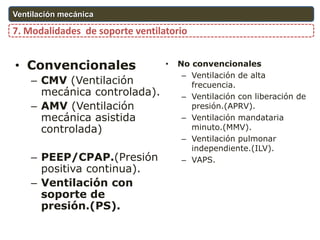• Convencionales
– CMV (Ventilación
mecánica controlada).
– AMV (Ventilación
mecánica asistida
controlada)
– PEEP/CPAP.(Presión
positiva continua).
– Ventilación con
soporte de
presión.(PS).
• No convencionales
– Ventilación de alta
frecuencia.
– Ventilación con liberación de
presión.(APRV).
– Ventilación mandataria
minuto.(MMV).
– Ventilación pulmonar
independiente.(ILV).
– VAPS.
7. Modalidades de soporte ventilatorio
Ventilación mecánica
 
