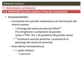• Inconvenientes:
– Incremento de la presión intratorácica con disminución del
retorno venoso
•  Precarga del ventrículo derecho (PeeP:
Pre.intrapleuralcompresión de grandes
vasosPVC. Por  de gradiente AD grandes vasos)
•  resistencia vascular pulmonar ( aumento de la
postcarga del ventrículo derecho)
– Estos efectos hemodinámicas
•  gasto cardiaco
– hipotensión.
7.3. CPAP/PEEP (presión positiva al final de la espiración)
7. Modalidades ventilatorias
Ventilación mecánica
 