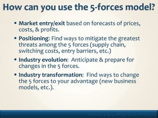  Market entry/exit based on forecasts of prices,
       costs, & profits.
      Positioning: Find ways to mitigate the greatest
       threats among the 5 forces (supply chain,
       switching costs, entry barriers, etc.)
      Industry evolution: Anticipate & prepare for
       changes in the 5 forces.
      Industry transformation: Find ways to change
       the 5 forces to your advantage (new business
       models, etc.).



20                               Industry & Competitor Analysis
 