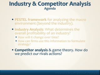  PESTEL framework for analyzing the macro
       environment (beyond the industry).
      Industry Analysis: What determines the
       overall profitability of an industry?
        How will it change over time?
        How can firms use this information to formulate
         strategy?
      Competitor analysis & game theory. How do
       we predict our rivals actions?



22                                 Industry & Competitor Analysis
 