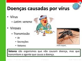 Vírus




Doenças causadas por vírus
• Vírus
      – Latim: veneno

• Viroses
      – Transmissão
            • Ar
            • Secreções
            • Vetores                              Aedes aegypti.


 Vetores são organismos que não causam doença, mas que
 transmitem o agente que causa a doença.
Ciências – 7º ano Ens. Fundamental   1º Bimestre                    Profa. Rebeca Vale
 