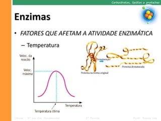 Carboidratos, lipídios e proteínas




Enzimas
• FATORES QUE AFETAM A ATIVIDADE ENZIMÁTICA
     – Temperatura




Ciências – 9º ano Ens. Fundamental   2º Período                  Profa. Rebeca Vale
 