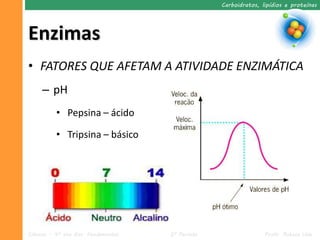 Carboidratos, lipídios e proteínas




Enzimas
• FATORES QUE AFETAM A ATIVIDADE ENZIMÁTICA
     – pH
          • Pepsina – ácido

          • Tripsina – básico




Ciências – 9º ano Ens. Fundamental   2º Período                  Profa. Rebeca Vale
 