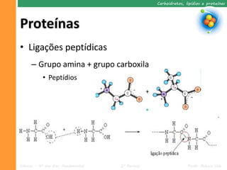 Carboidratos, lipídios e proteínas




Proteínas
• Ligações peptídicas
      – Grupo amina + grupo carboxila
            • Peptídios




Ciências – 9º ano Ens. Fundamental   2º Período                  Profa. Rebeca Vale
 