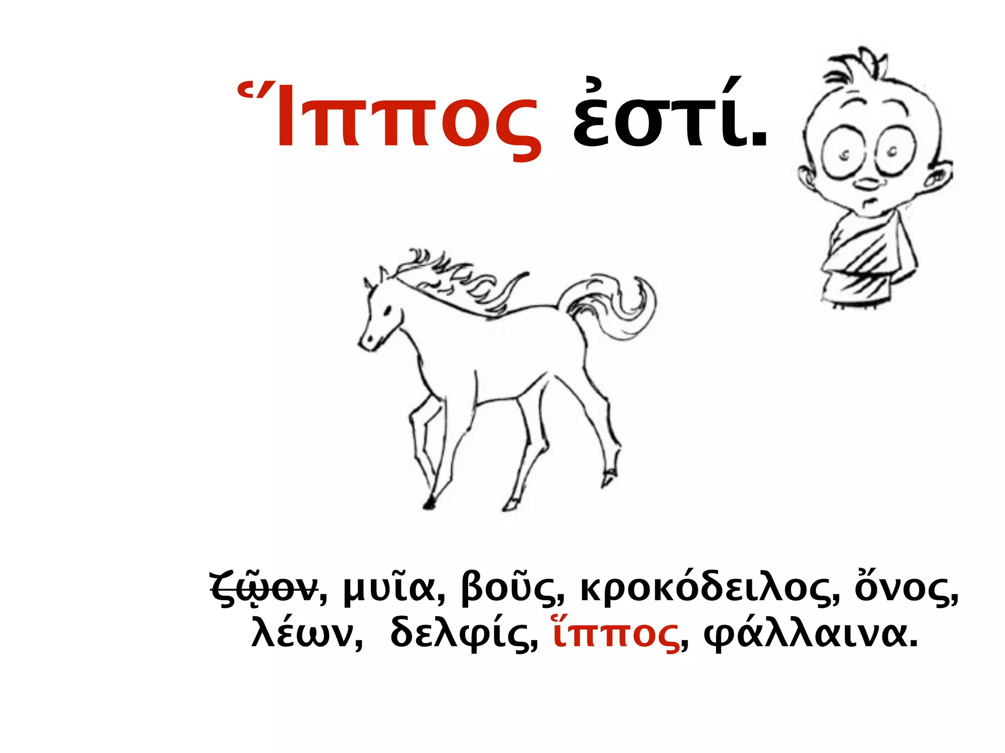Ἵππος ἐστί.
ζῷον, μυῖα, βοῦς, κροκόδειλος, ὄνος,
λέων, δελφίς, ἵππος, φάλλαινα.
 