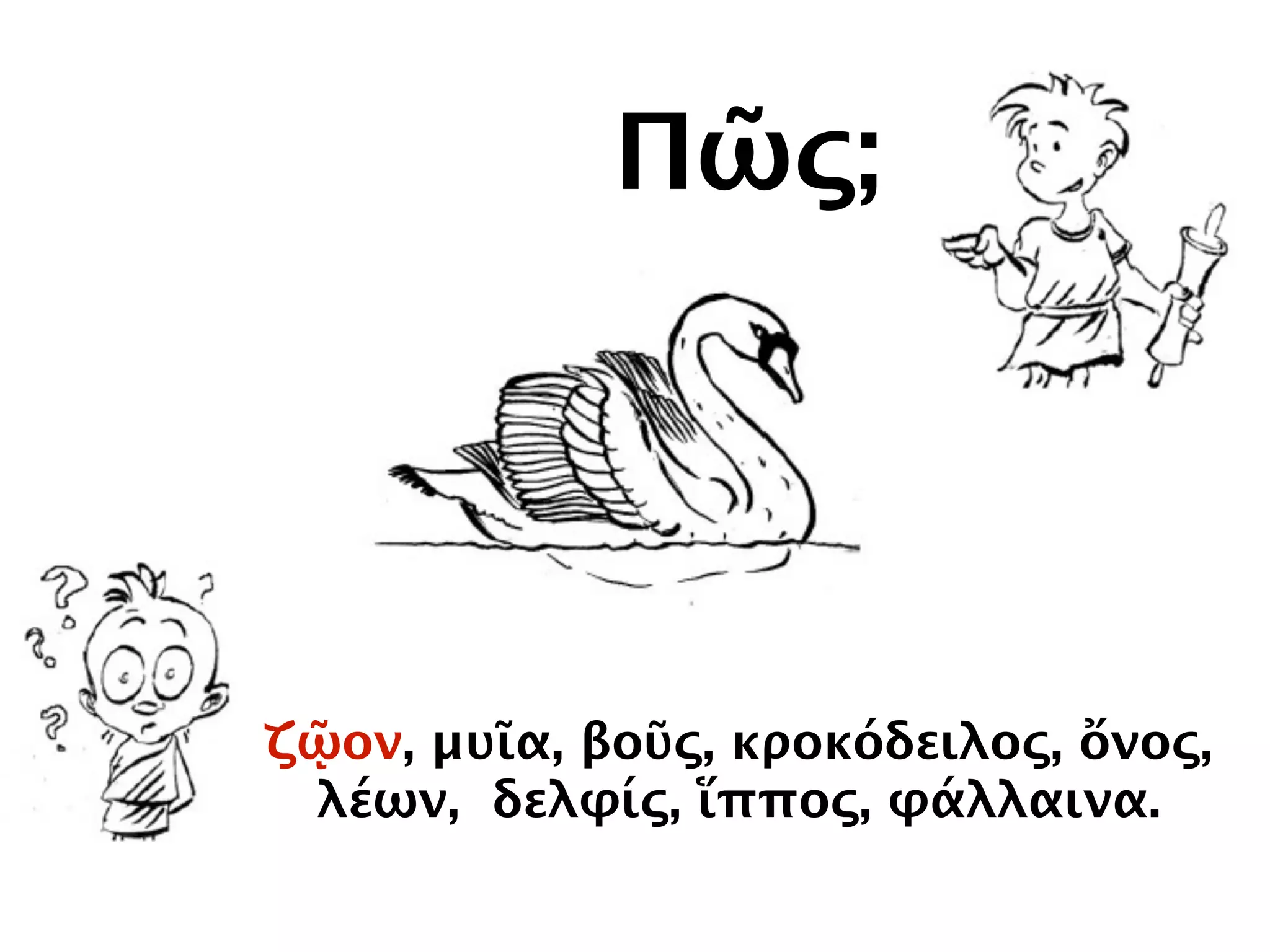 Πῶς;
ζῷον, μυῖα, βοῦς, κροκόδειλος, ὄνος,
λέων, δελφίς, ἵππος, φάλλαινα.
 