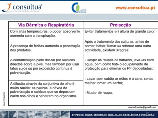 Mod.CF.066/01
29
Via Dérmica e Respiratória Protecção
Com altas temperaturas, o poder absorvente
aumenta com a transpiração.
A presença de feridas aumenta a penetração
dos produtos.
A contaminação pode dar-se por salpicos
directos sobre a pele, mas também por usar
fatos sujos ou por exposição contínua à
pulverização.
Evitar tratamentos em altura de grande calor.
Após o tratamento das culturas, antes de
comer, beber, fumar ou retomar uma outra
actividade, existem 3 regras:
Despir as roupas de trabalho, lavá-las com
água, bem como todo o equipamento de
protecção para eliminar os PF depositados;
Lavar com sabão as mãos e a cara, sendo
melhor tomar um banho;
Mudar de roupa.
A difusão através da conjuntiva do olho é
muito rápida: as poeiras, a névoa de
pulverização e salpicos que se depositam
caem nos olhos e penetram no organismo.
mariofcunha@gmail.com
 