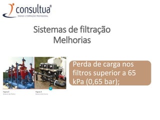 Perda de carga nos
filtros superior a 65
kPa (0,65 bar);
Sistemas de filtração
Melhorias
 