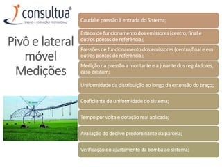 Caudal e pressão à entrada do Sistema;
Estado de funcionamento dos emissores (centro, final e
outros pontos de referência);
Pressões de funcionamento dos emissores (centro,final e em
outros pontos de referência);
Medição da pressão a montante e a jusante dos reguladores,
caso existam;
Uniformidade da distribuição ao longo da extensão do braço;
Coeficiente de uniformidade do sistema;
Tempo por volta e dotação real aplicada;
Avaliação do declive predominante da parcela;
Verificação do ajustamento da bomba ao sistema;
Pivô e lateral
móvel
Medições
 