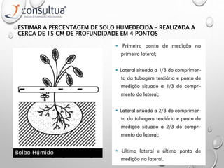 ESTIMAR A PERCENTAGEM DE SOLO HUMEDECIDA – REALIZADA A
CERCA DE 15 CM DE PROFUNDIDADE EM 4 PONTOS
Bolbo Húmido
 