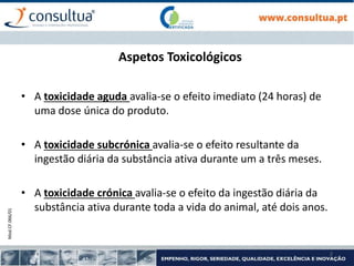 Mod.CF.066/01
2
Aspetos Toxicológicos
• A toxicidade aguda avalia-se o efeito imediato (24 horas) de
uma dose única do produto.
• A toxicidade subcrónica avalia-se o efeito resultante da
ingestão diária da substância ativa durante um a três meses.
• A toxicidade crónica avalia-se o efeito da ingestão diária da
substância ativa durante toda a vida do animal, até dois anos.
 
