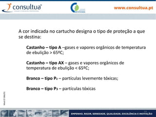 Mod.CF.066/01
23
A cor indicada no cartucho designa o tipo de proteção a que
se destina:
Castanho – tipo A –gases e vapores orgânicos de temperatura
de ebulição > 65ºC;
Castanho – tipo AX – gases e vapores orgânicos de
temperatura de ebulição < 65ºC;
Branco – tipo P2 – partículas levemente tóxicas;
Branco – tipo P3 – partículas tóxicas
 