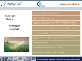 Caudal e pressão à entrada do Sistema;
Caudal e pressão dos aspersores;
Pressões de funcionamento e condições do sistema para assegurar a
estabilidade da pressão fornecida ao longo da campanha de rega;
Alcance, malha de implantação e taxa de sobreposição dos aspersores;
Taxa de aplicação de água e coeficiente de uniformidade dos aspersores;
Ajustamento do setor regado nos aspersores junto aos limites da
parcela;
Dotação real aplicada;
Avaliação do declive predominante da parcela;
Verificação do ajustamento da bomba ao Sistema.
Aspersão
clássica
Medições
realizadas
 