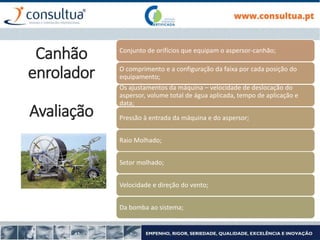 Conjunto de orifícios que equipam o aspersor-canhão;
O comprimento e a configuração da faixa por cada posição do
equipamento;
Os ajustamentos da máquina – velocidade de deslocação do
aspersor, volume total de água aplicada, tempo de aplicação e
data;
Pressão à entrada da máquina e do aspersor;
Raio Molhado;
Setor molhado;
Velocidade e direção do vento;
Da bomba ao sistema;
Canhão
enrolador
Avaliação
 